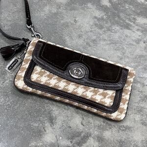 Vintage Coach Houndstooth Tweed Wool & Suede Wristlet Wallet Brown Cream Tan